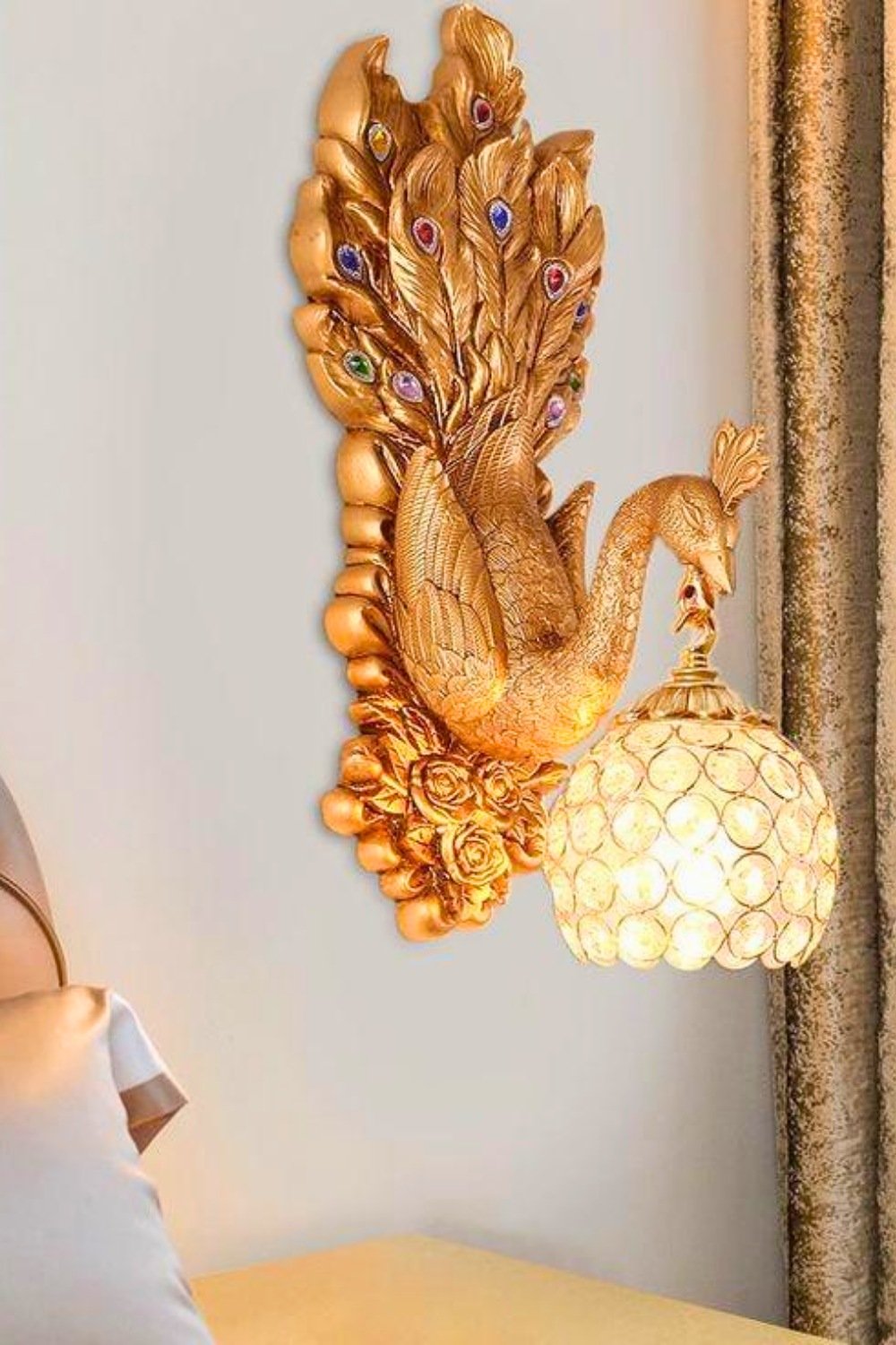 Gold Peacock Wall Lamp With Crystal Accents