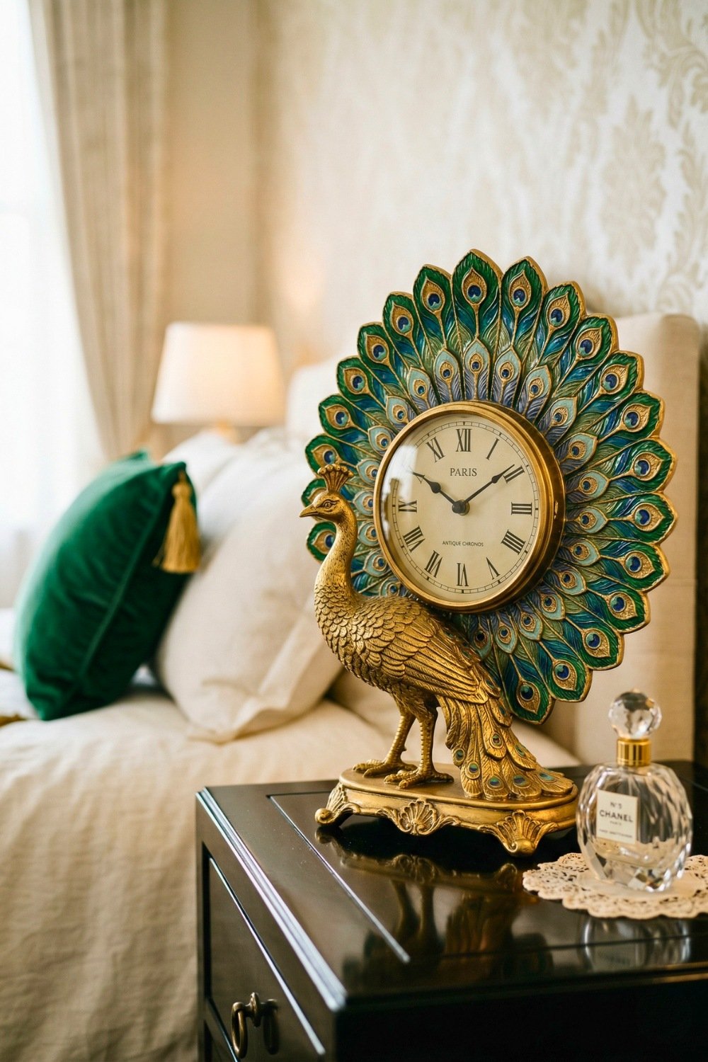 Golden Peacock Clock On Elegant Dark Nightstand