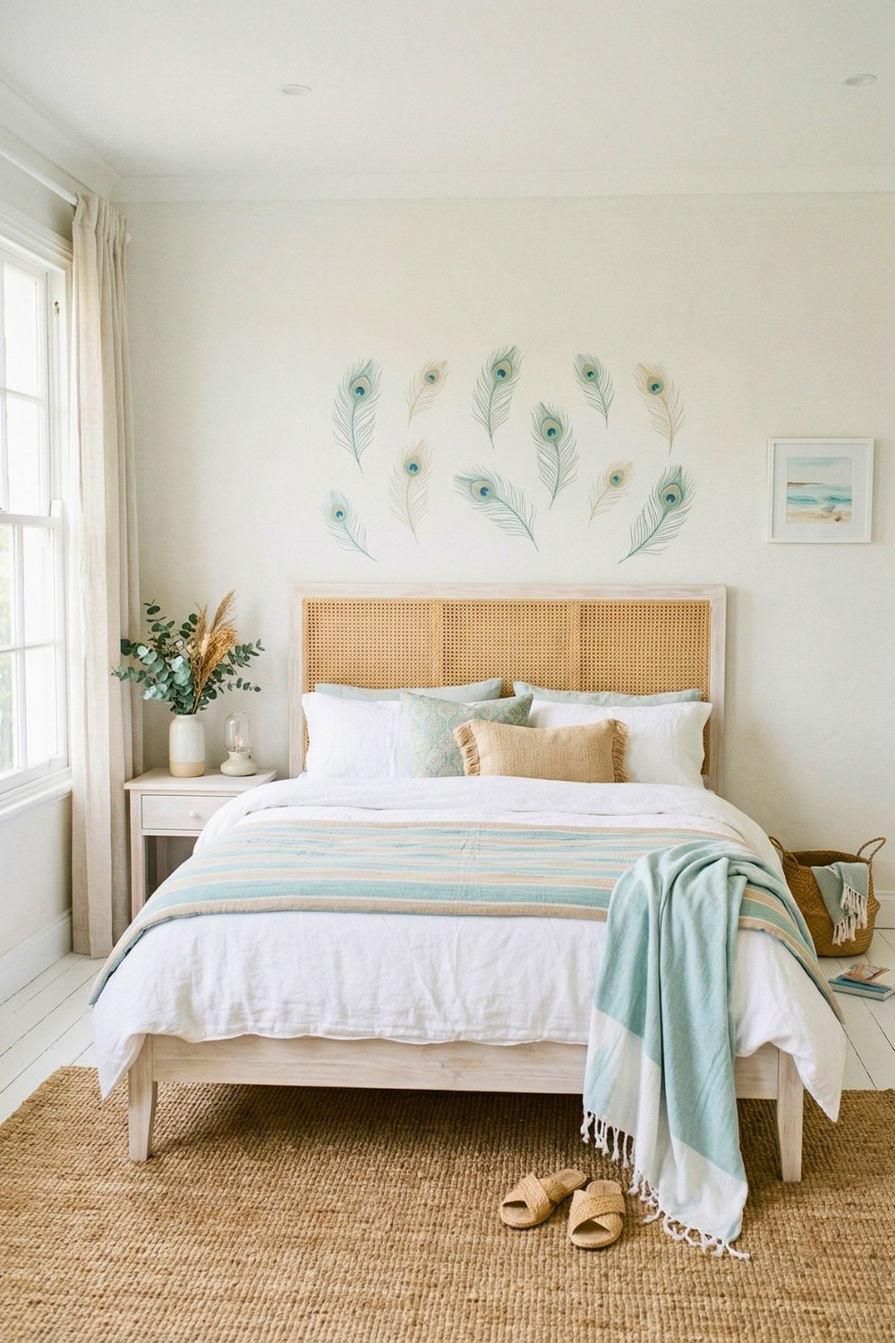 Light Airy Coastal Style Bedroom Design Featuring A Woven Rattan Headboard And Scattered Peacock Feather Wall Stickers