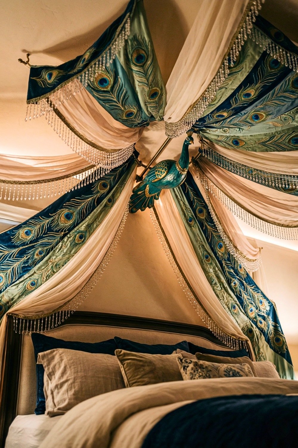 Luxurious Canopy Bed With Elegant Peacock Fabric And Gold Embroidery Details