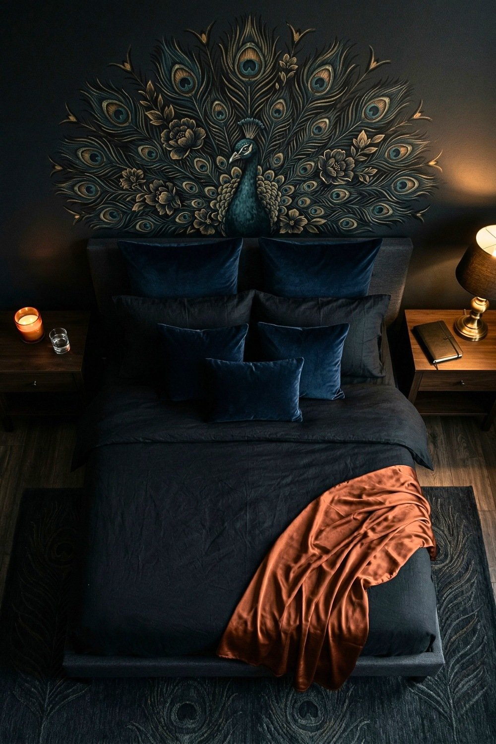 Luxurious Deep Dark Moody Master Bedroom Design Centered On An Intricate Large Peacock Wall Art Piece And Warm Brass Lighting