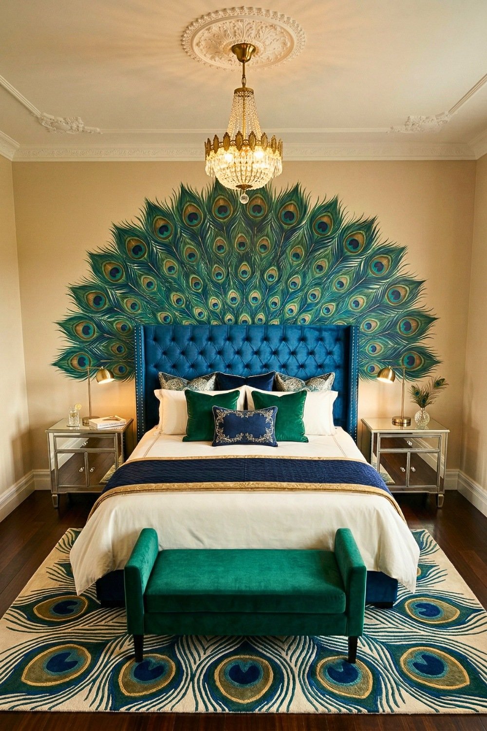 Luxurious Master Bedroom Featuring Peacock Wall Art And Blue Headboard