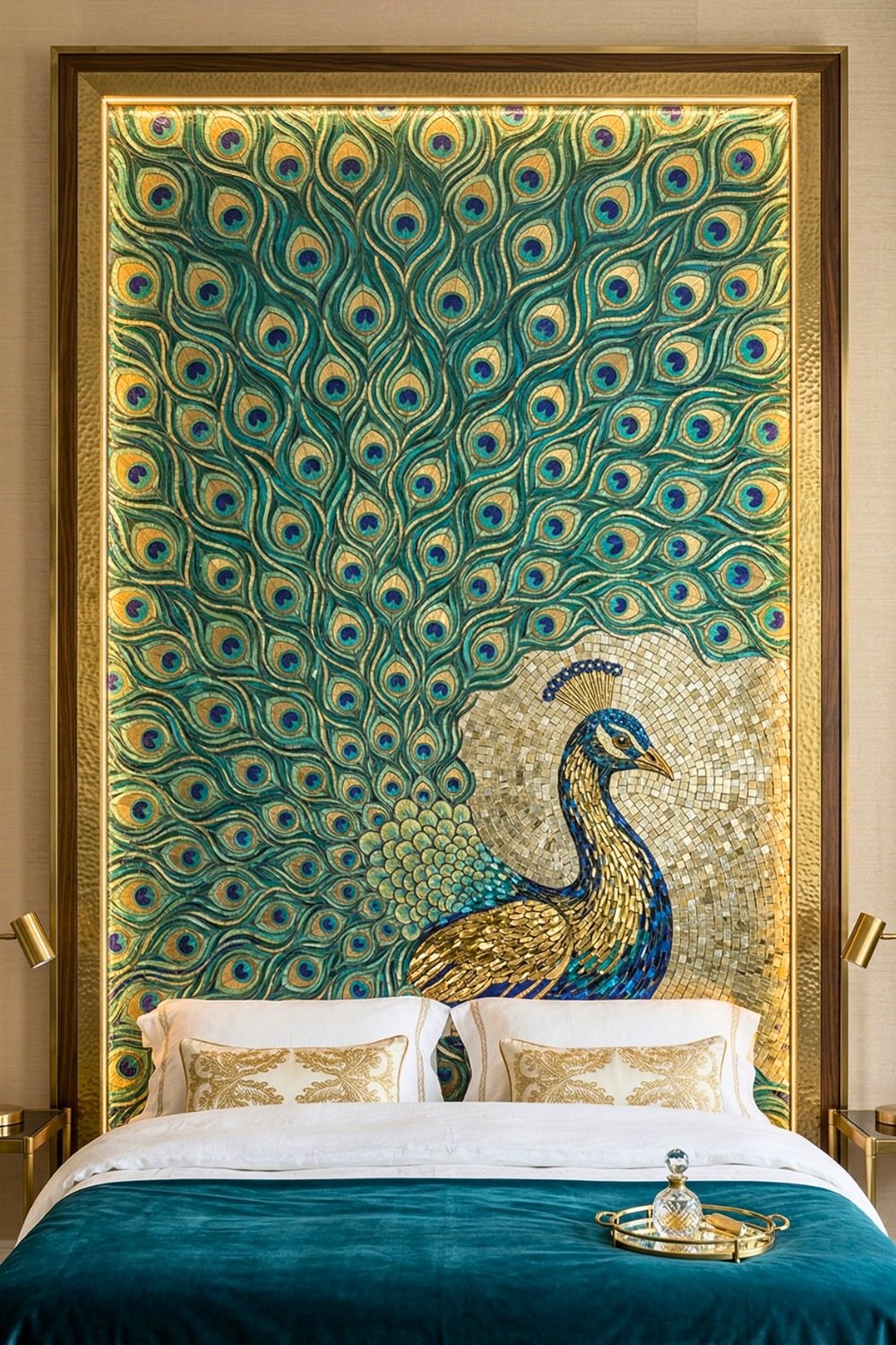 Luxurious Master Bedroom With Teal Mosaic Peacock Mural Headboard