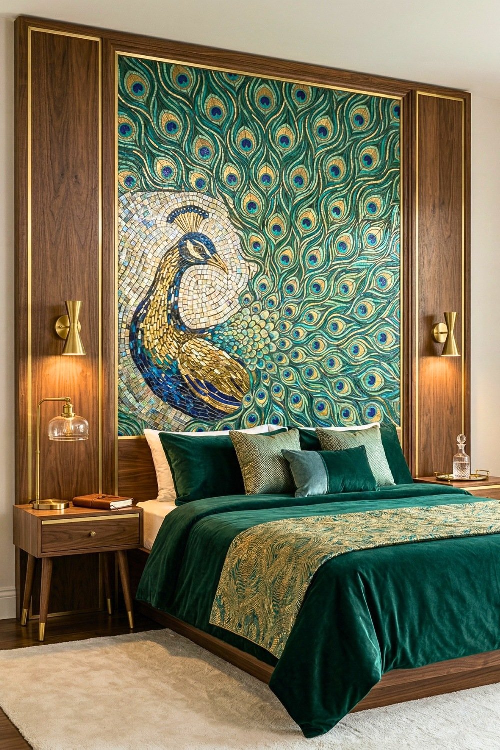 Luxurious Peacock Mosaic Wall Mural Integrated With Emerald Green Velvet Bedding