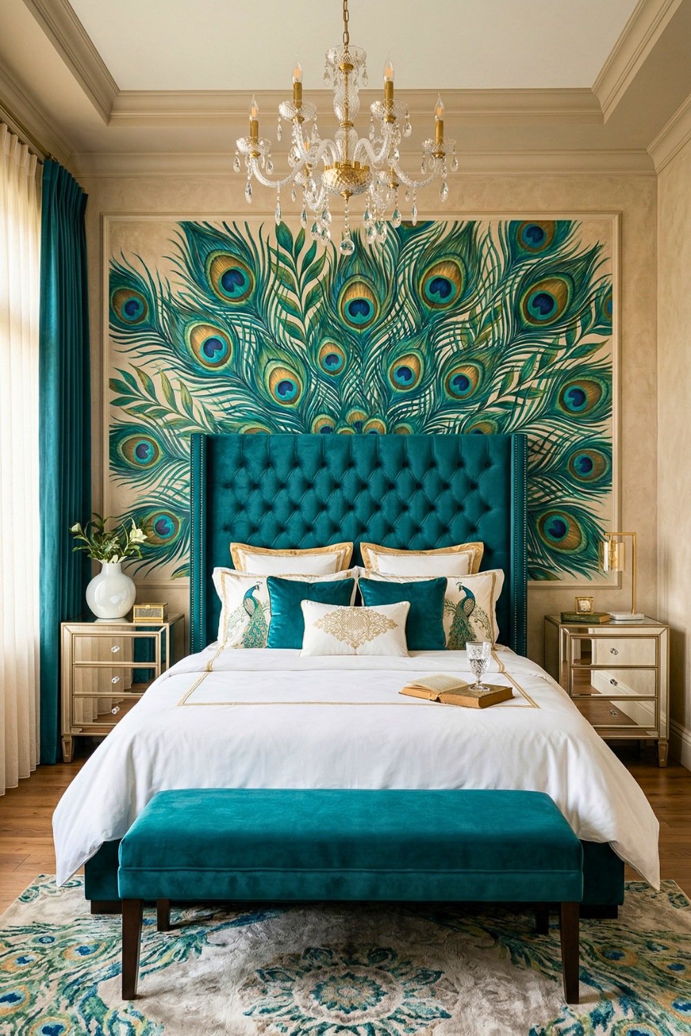 Luxurious Teal Bedroom Featuring A Peacock Mural And Tufted Headboard