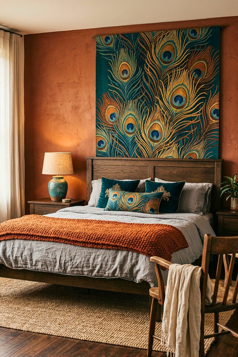 Master Bedroom With Burnt Orange Walls And Peacock Wall Art Tapestry