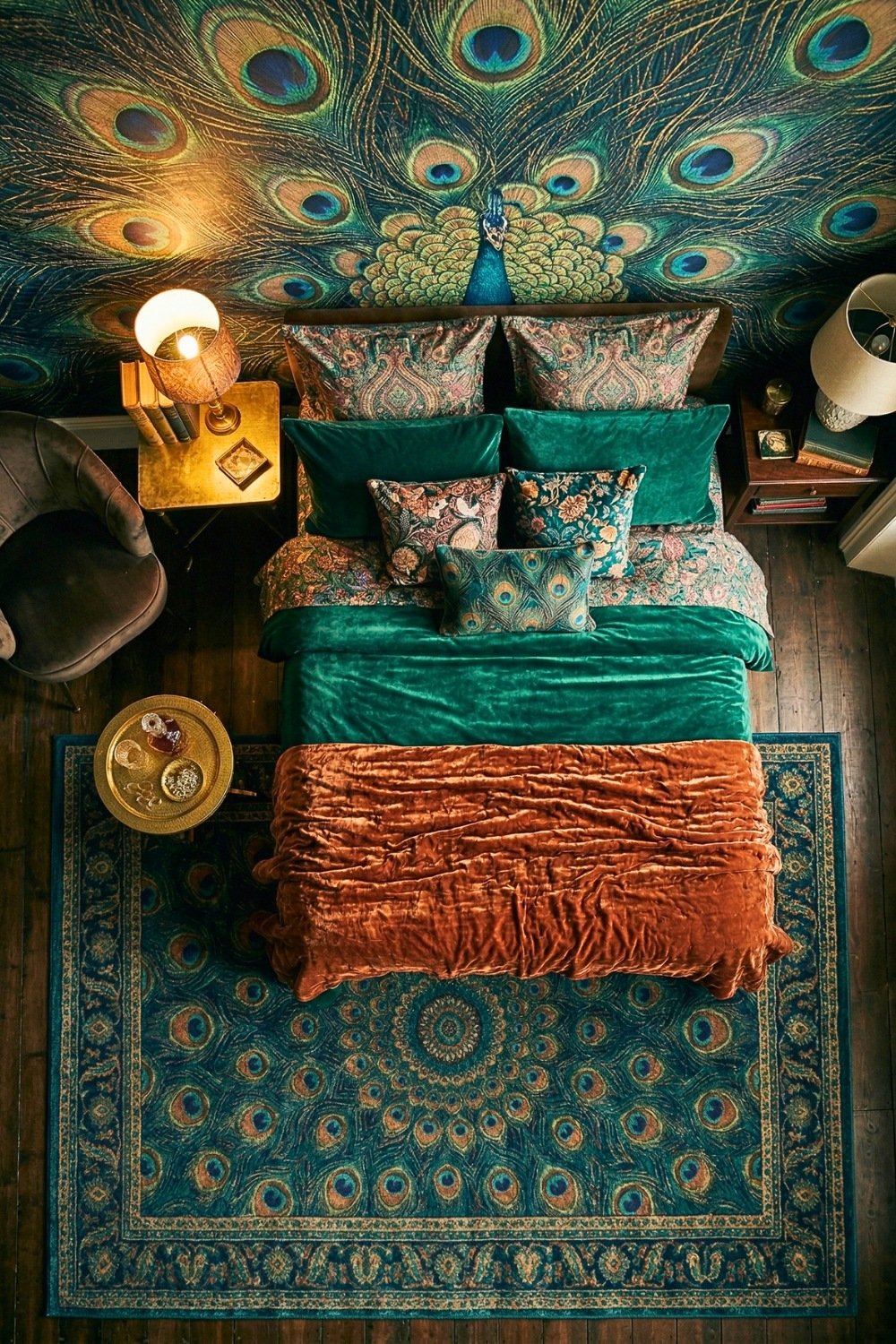 Maximalist Peacock Mural Bedroom With Jewel Tone Bedding And Rug