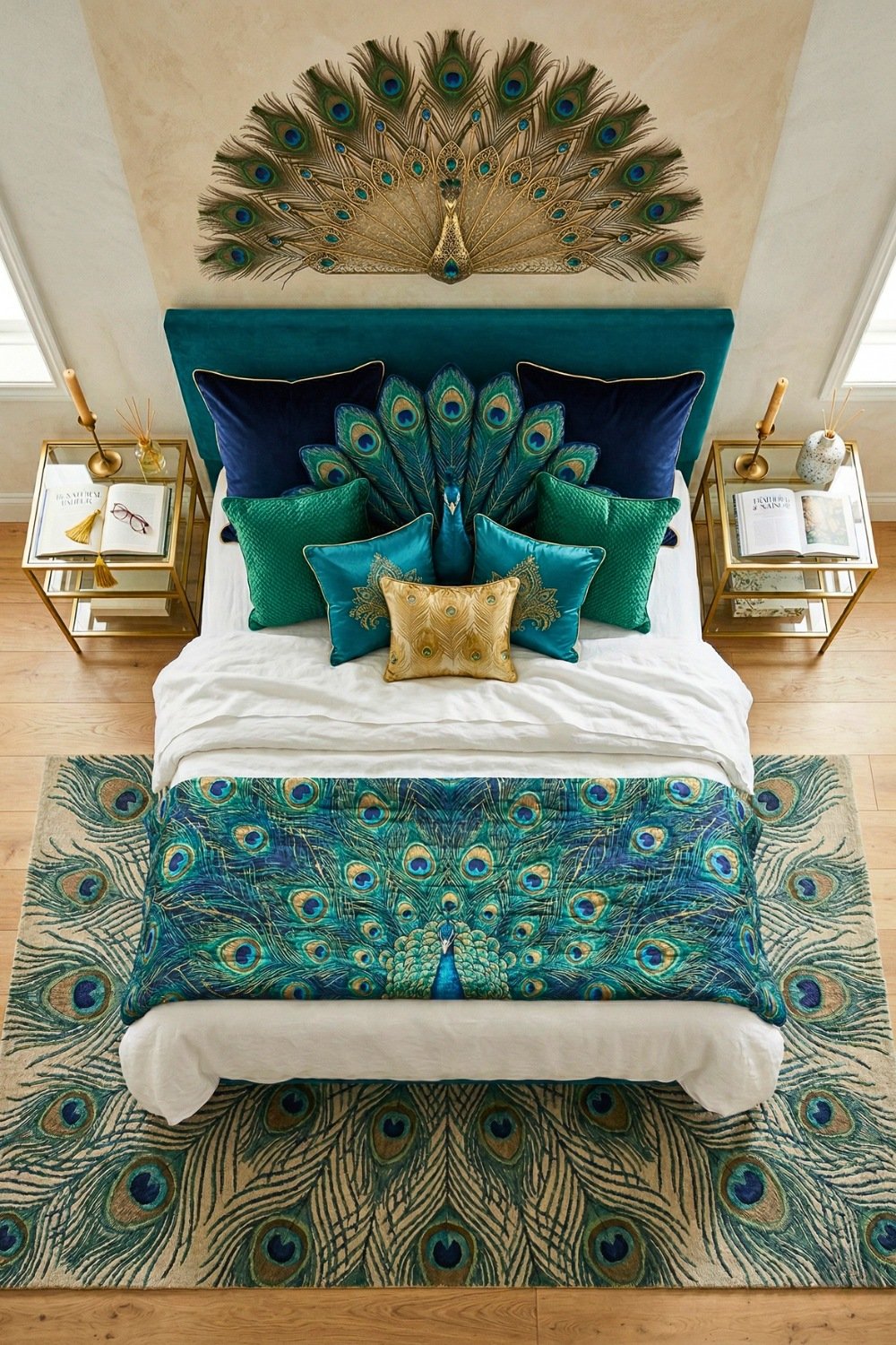 Maximalist Peacock Themed Bedding And Rug Set With Gold Furniture