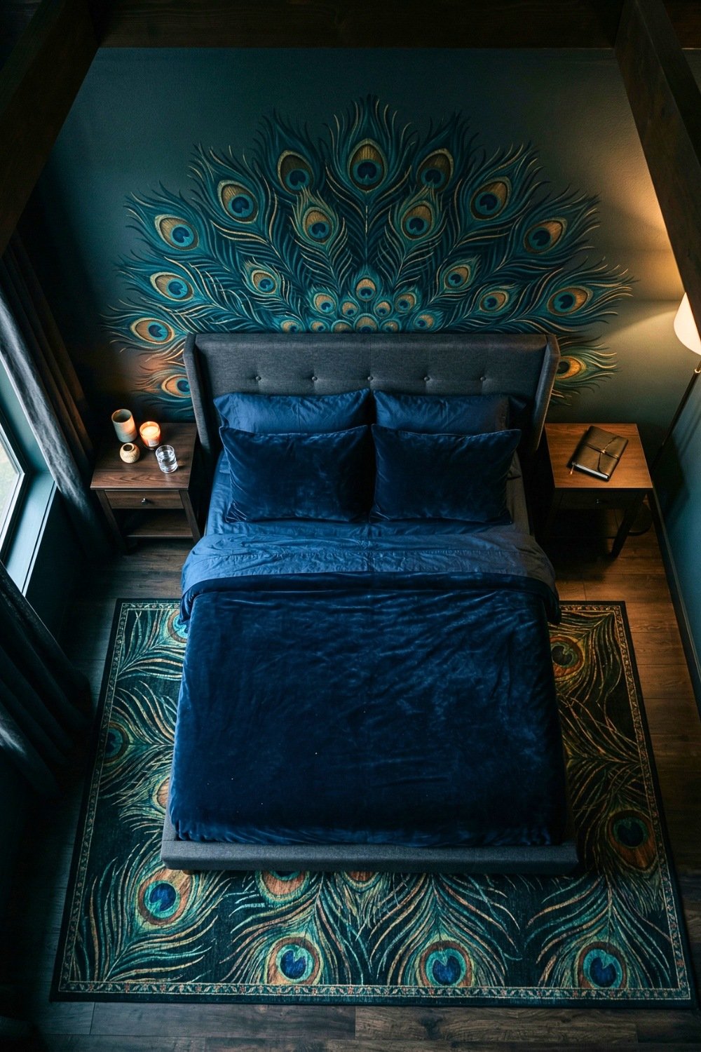 Maximalist Peacock Themed Bedroom With A Large Mural Accent Wall And Matching Teal Feather Rug