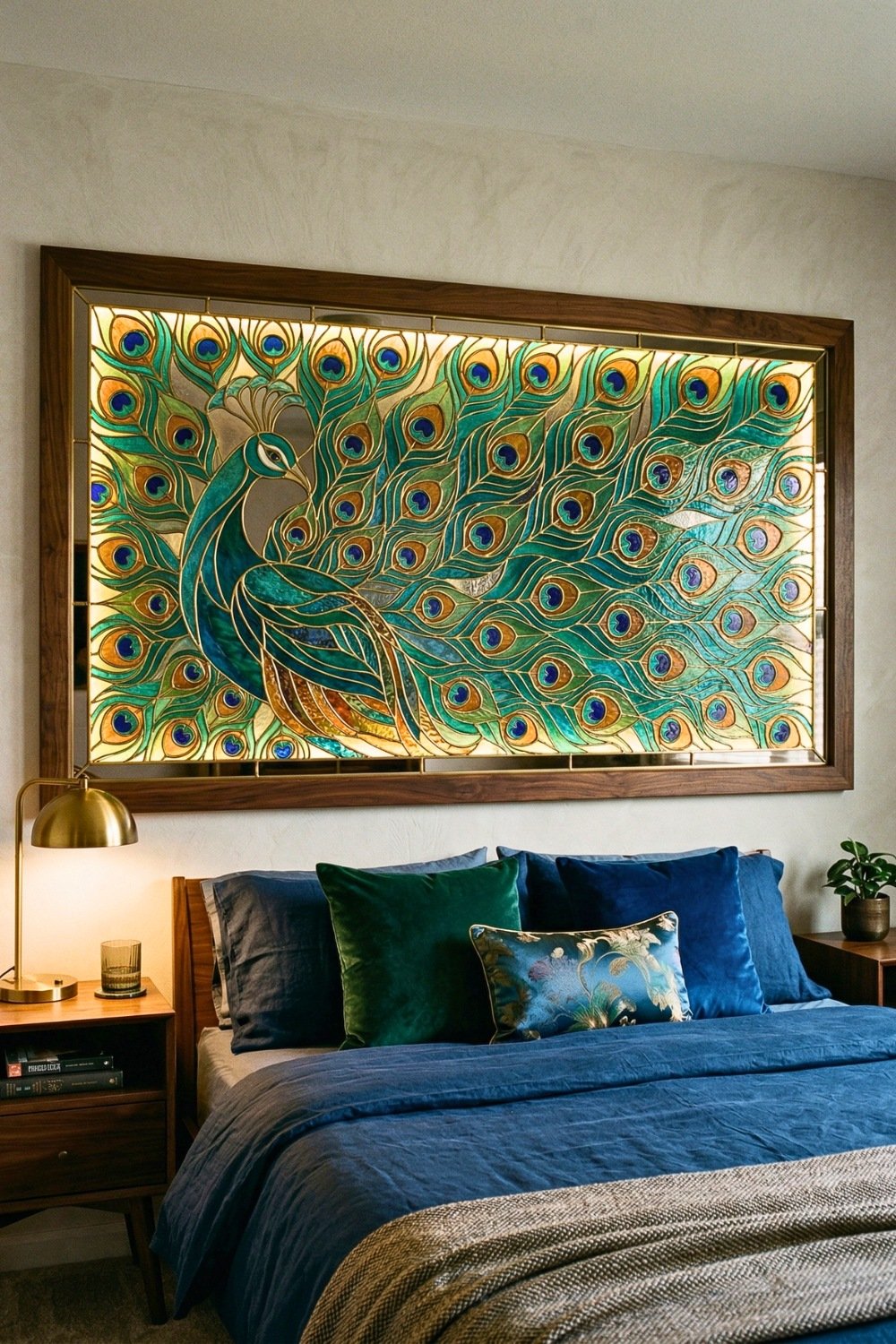 Mid Century Modern Bedroom Featuring Stained Glass Peacock Wall Art And Blue Bedding
