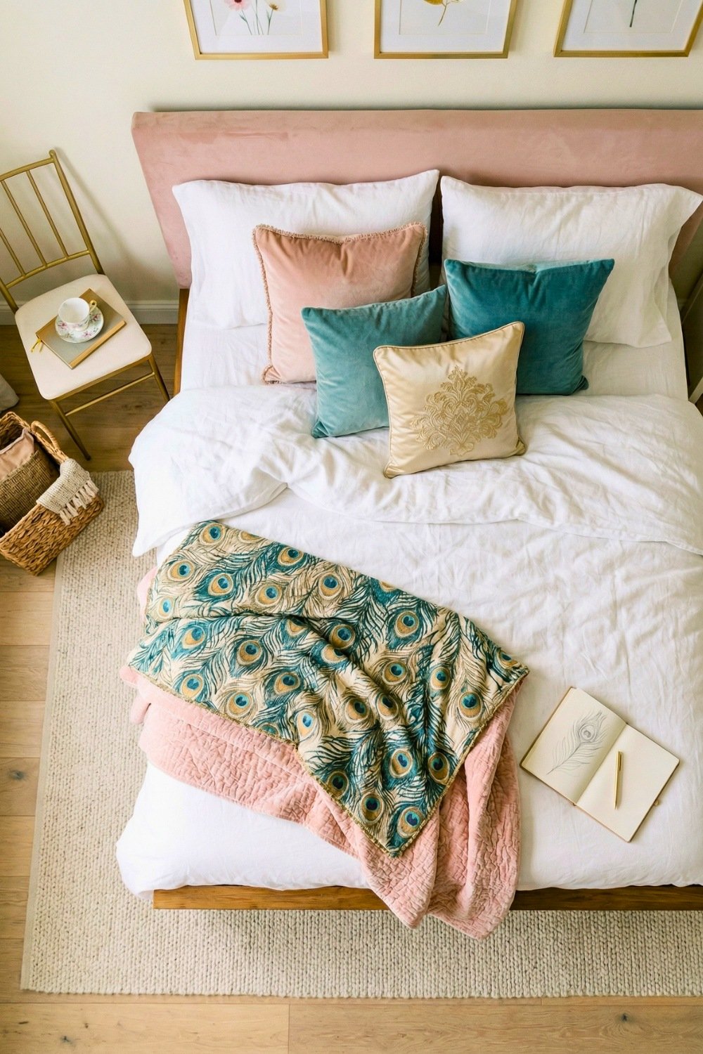 Modern Overhead Bedroom View Showing Soft Pink And Teal Color Palette With Faint Peacock Feather Blanket Accent