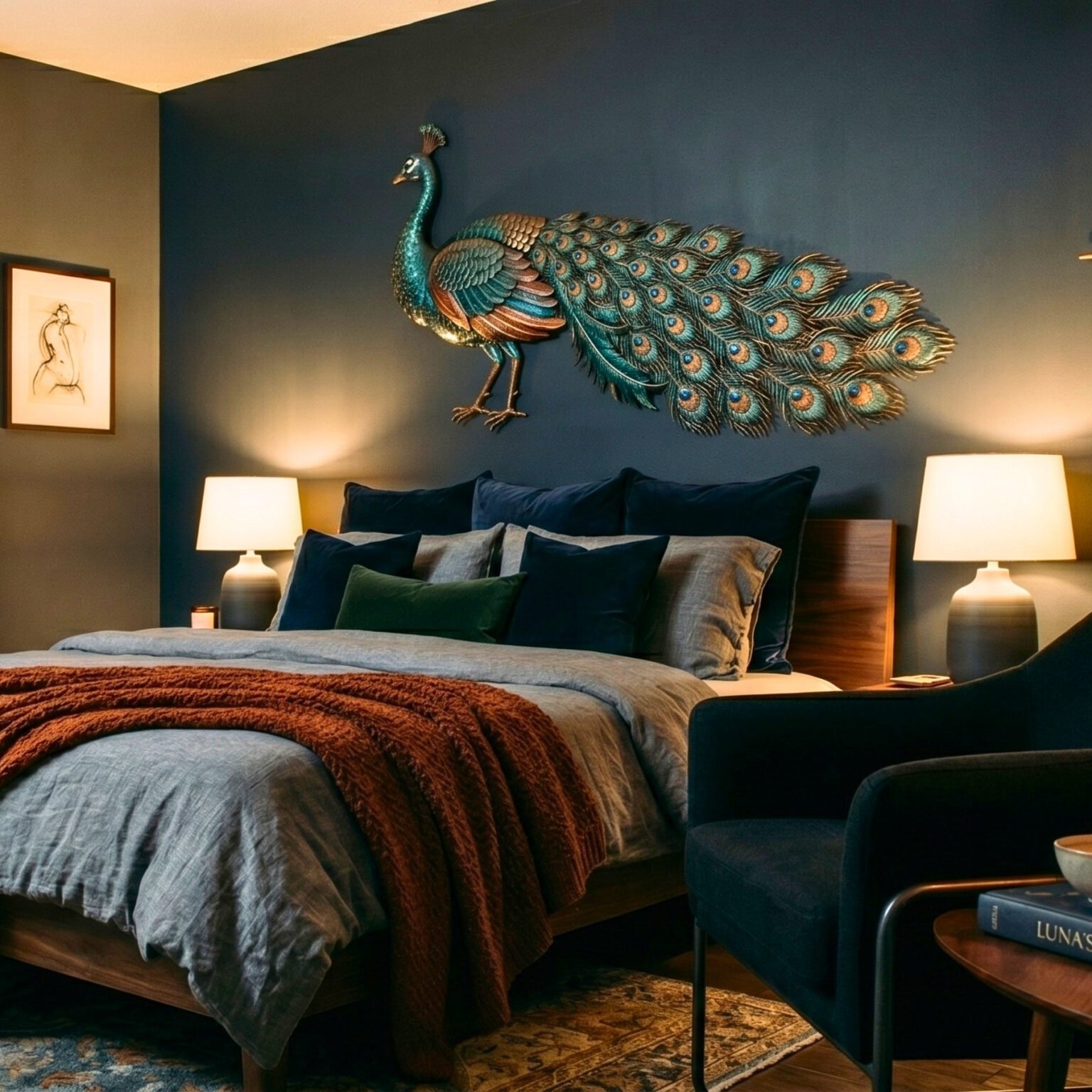 Moody Dark Bedroom With Metallic Peacock Wall Art And Rust Orange Throw