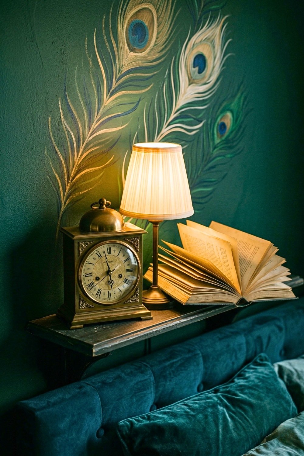 Moody Dark Green Bedroom Wall With Painted Peacock Feather Mural And Vintage Decor