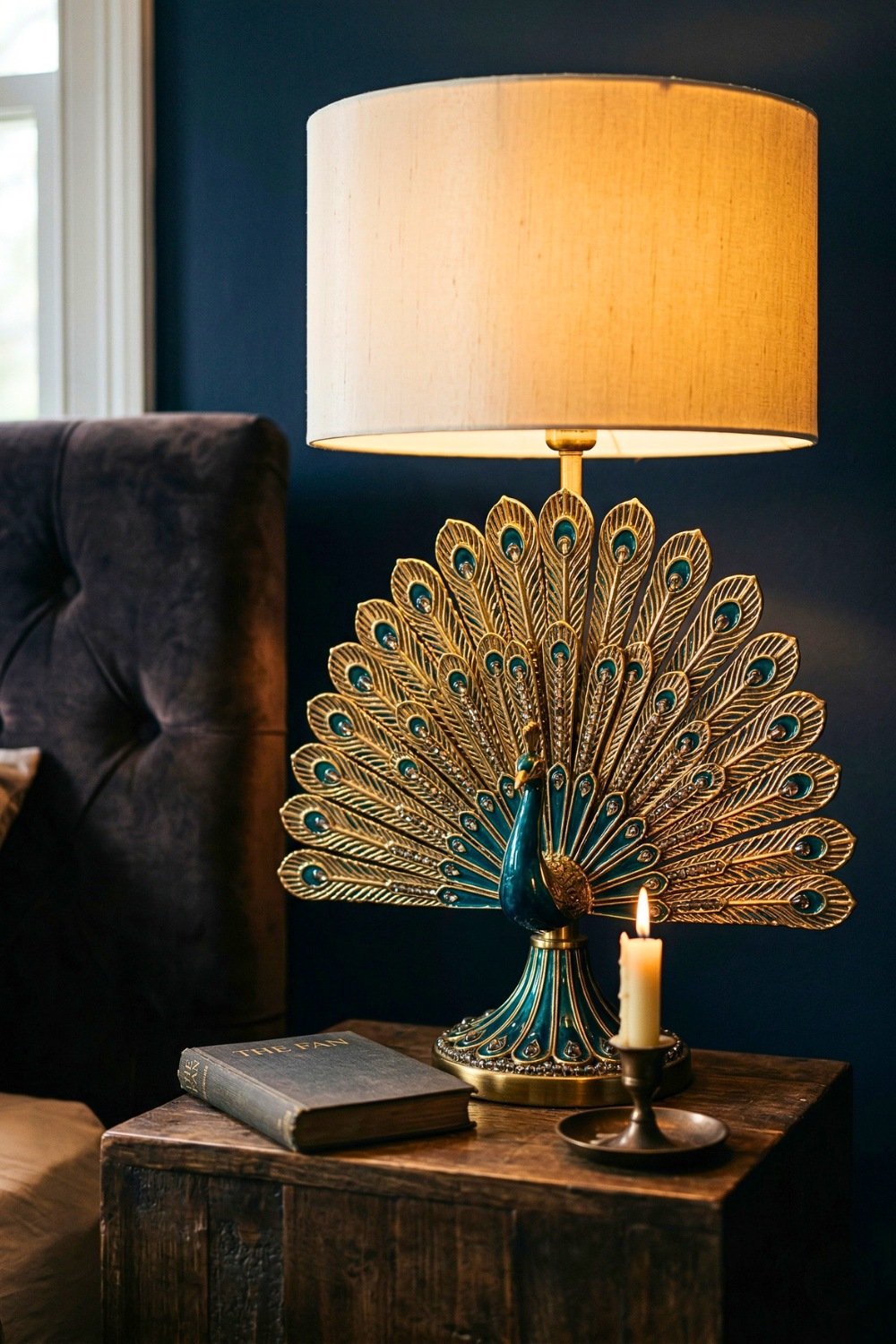 Moody Navy Bedroom Decor Featuring An Ornate Gold Peacock Table Lamp