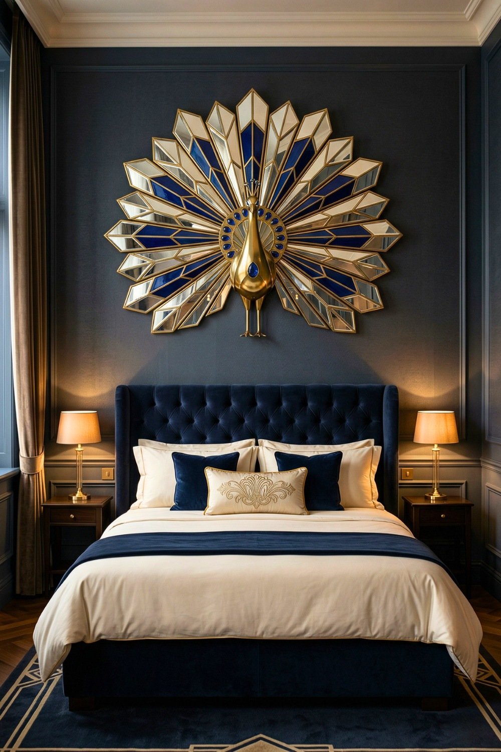 Moody Navy Bedroom Featuring A Large Gold Art Deco Peacock Wall Sculpture