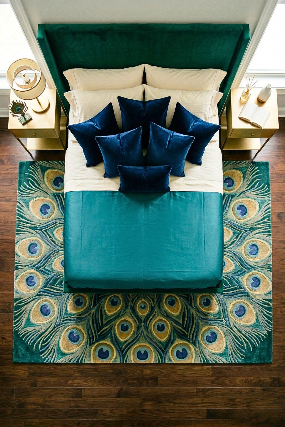 Overhead View Of A Luxurious Peacock Rug In A Jewel Tone Bedroom With An Emerald Headboard