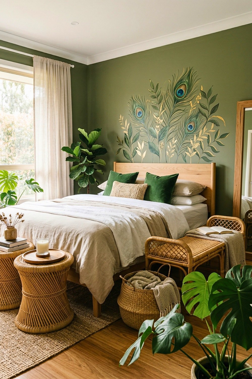 Sage Green Peacock Bedroom Decor Featuring Rattan Benches And Feather Wall Art