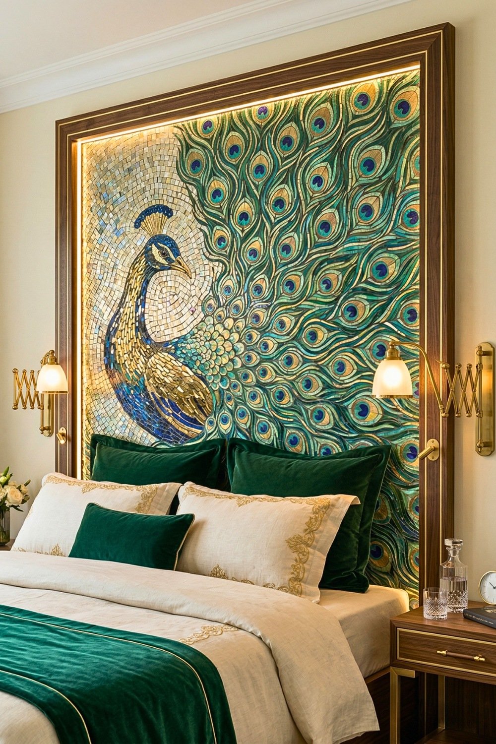 Shimmering Peacock Mosaic Accent Wall With Warm Backlighting And Green Velvet Pillows