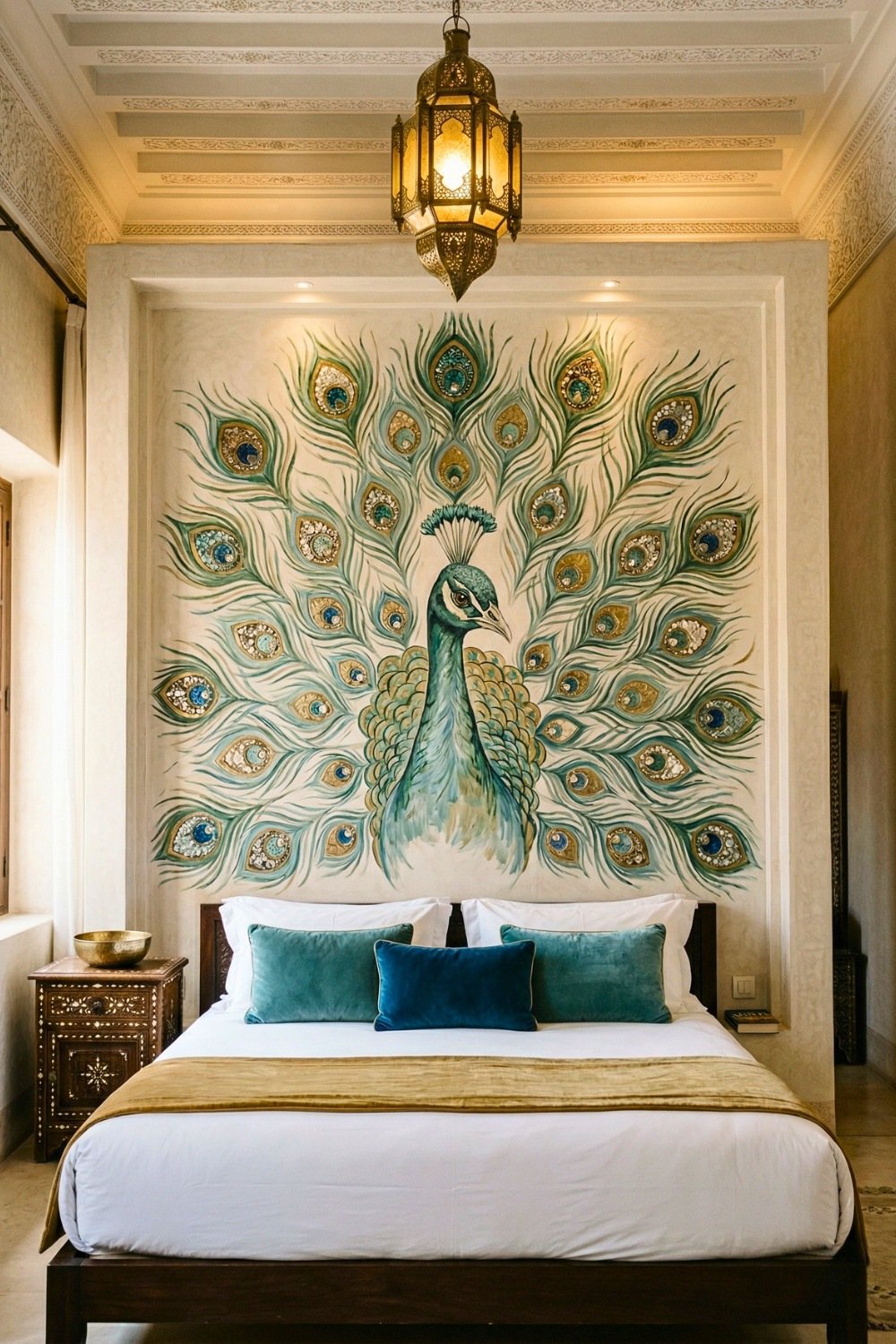 Sophisticated Master Bedroom With Large Artistic Peacock Mural Plus Moroccan Lighting And Dark Carved Furniture