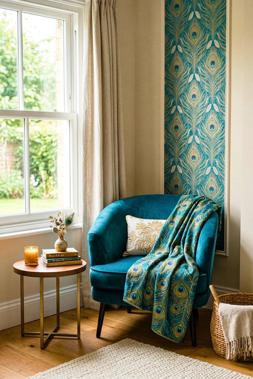 Teal Velvet Chair With Peacock Throw Blanket And Matching Wallpaper Accent