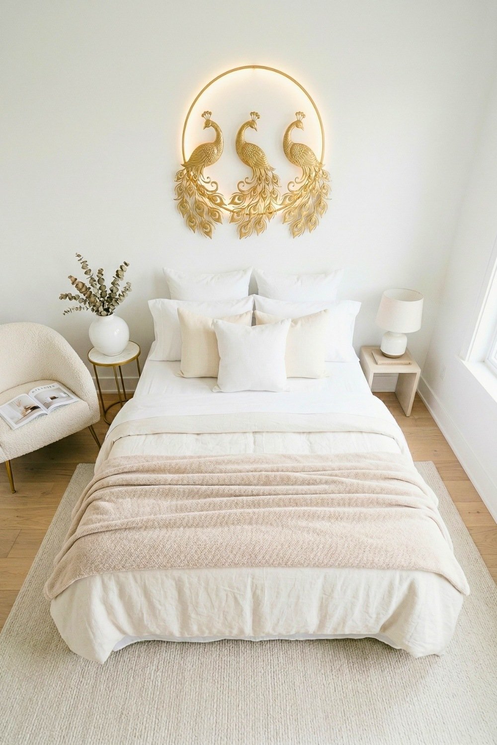 Three Gold Peacocks Wall Art In Circular Frame Above White And Beige Bedding