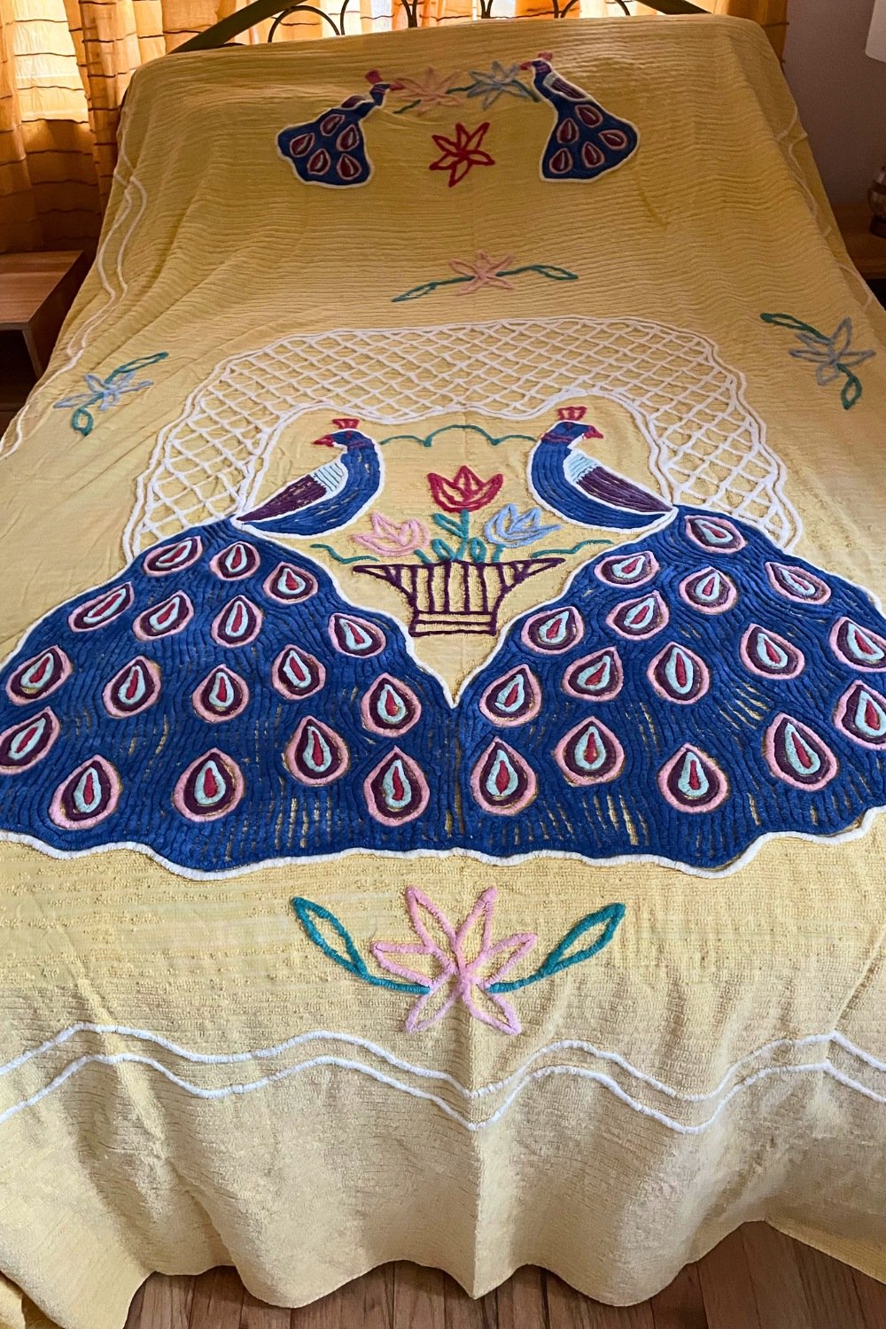 Vintage Chenille Peacock Bedspread For Retro Bedroom Inspiration