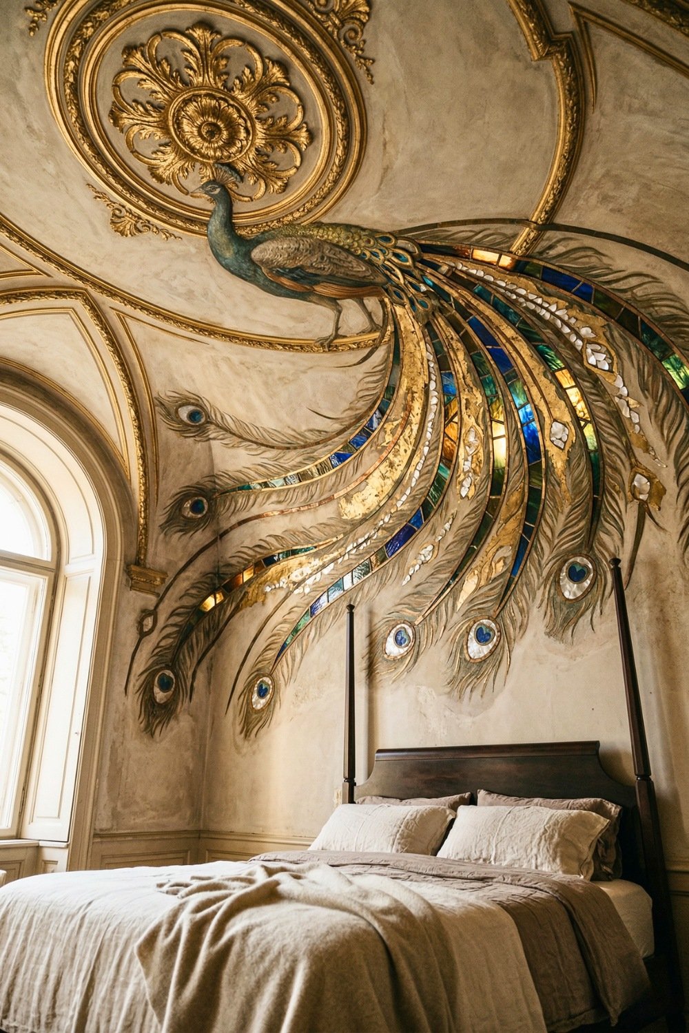 Vintage Moody Master Bedroom With A Stained Glass Peacock Mural