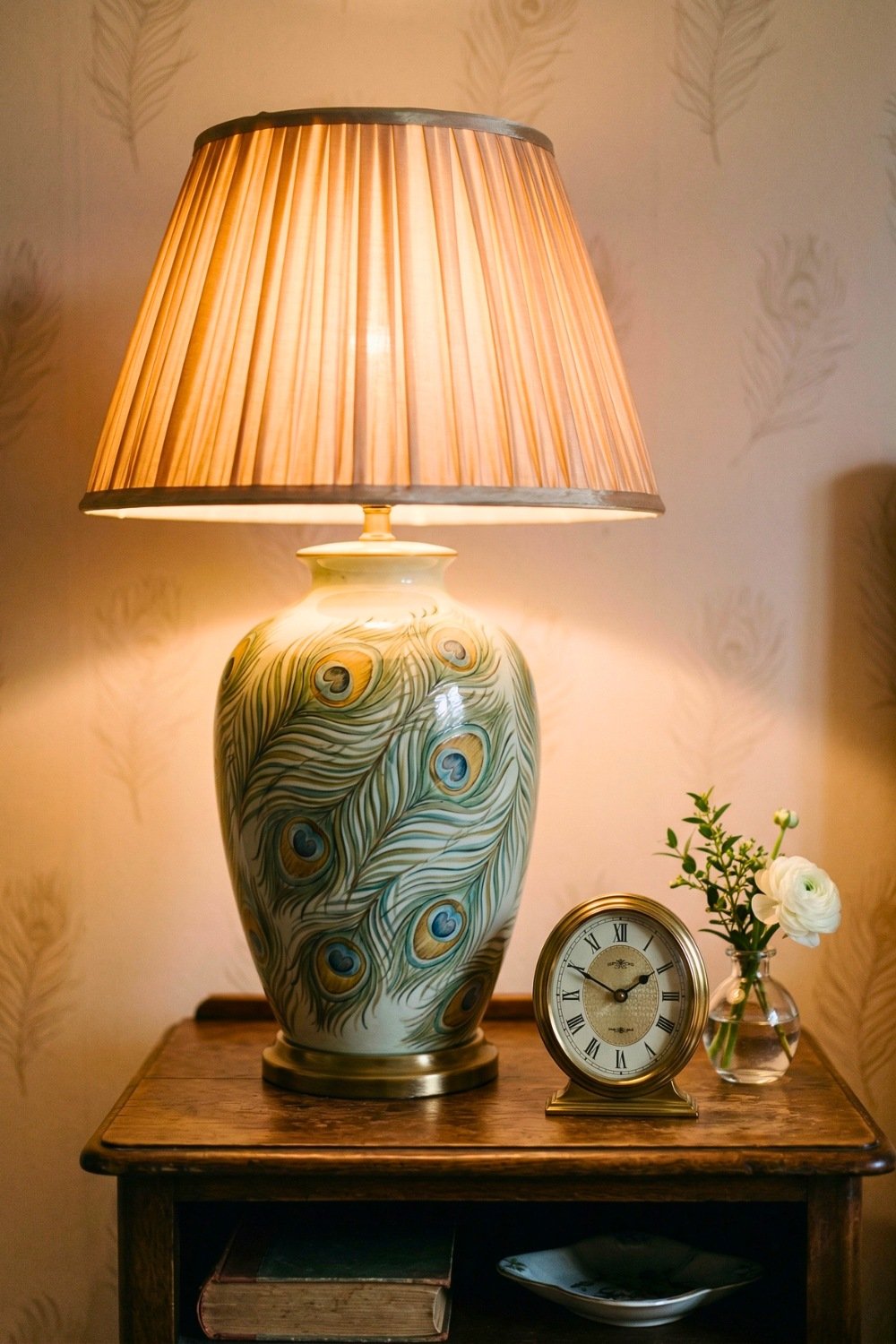 Vintage Peacock Feather Lamp On Wooden Bedside Table