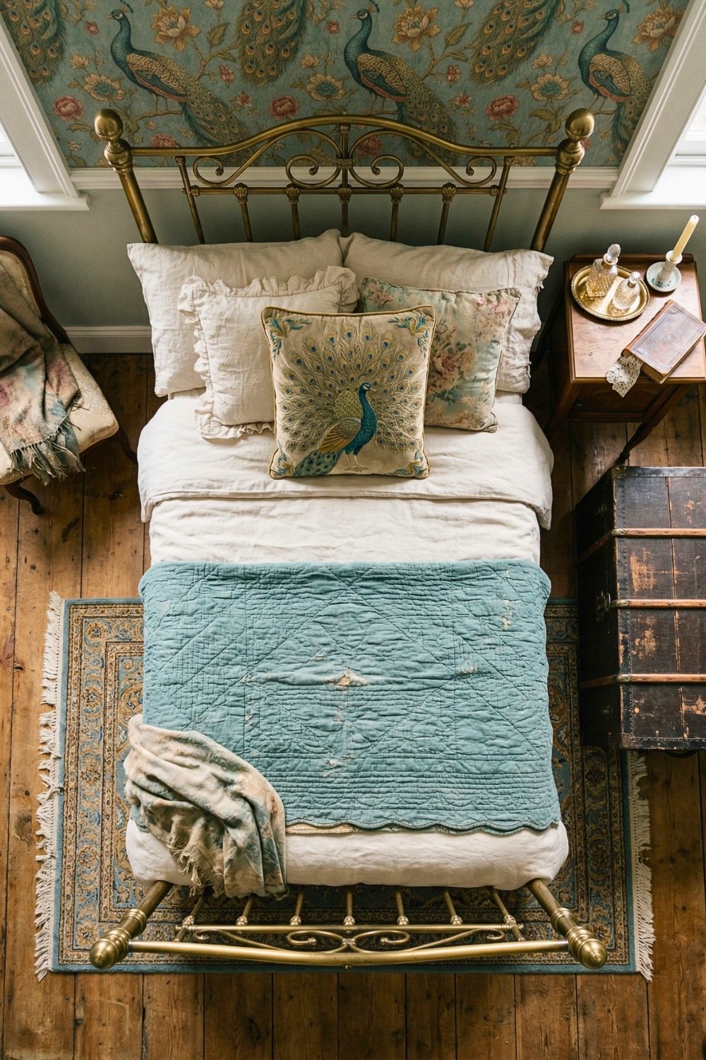 Vintage Peacock Wallpaper Paired With A Teal Quilt And Antique Brass Bed Frame