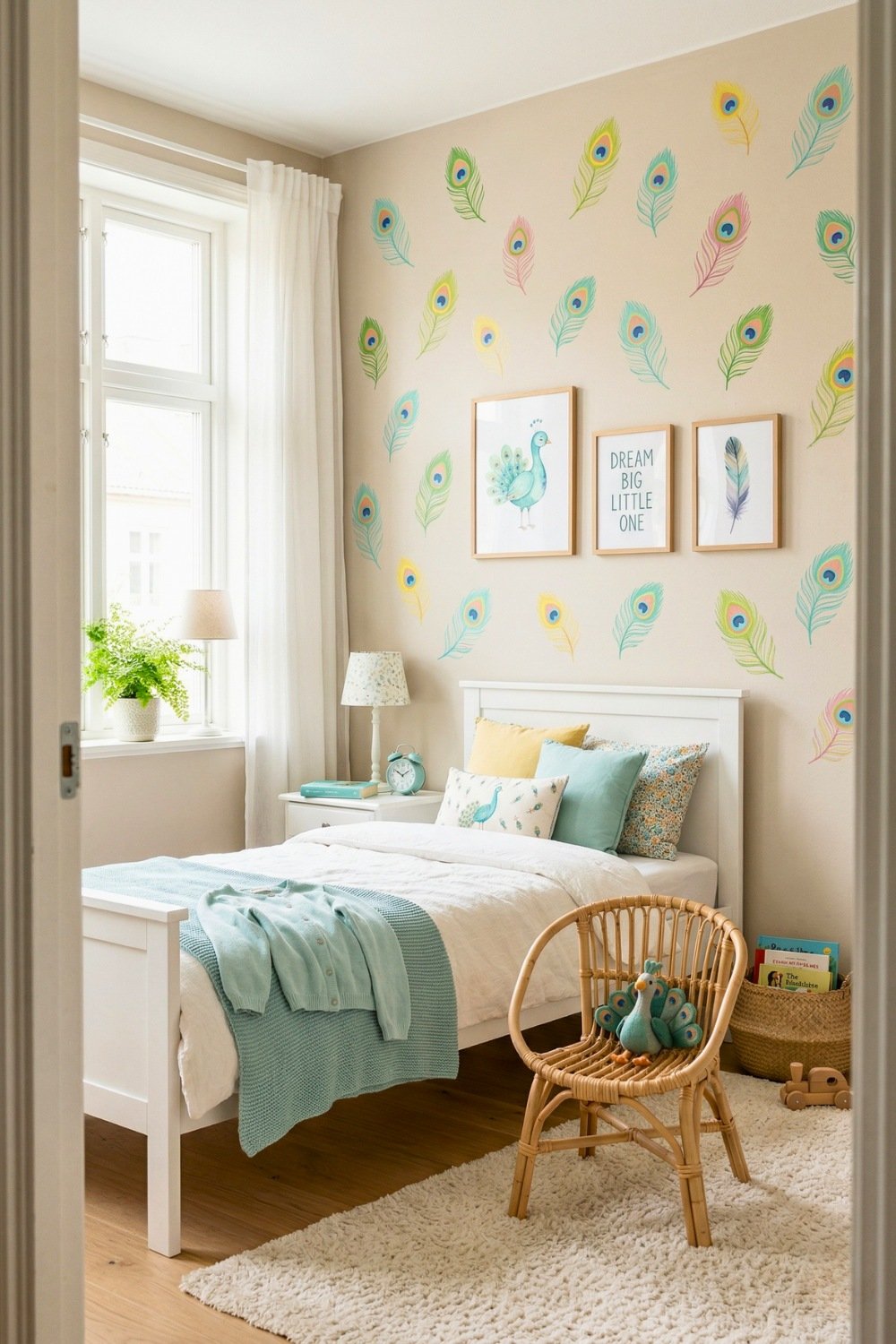 Whimsical Kids Bedroom With Pastel Peacock Feather Wall Stickers And Rattan Chair