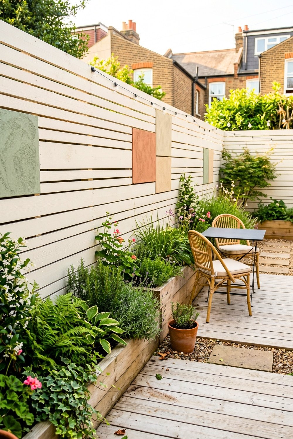 1. White Horizontal Slat Privacy Fence Design With Raised Garden Beds for a Small Backyard Patio