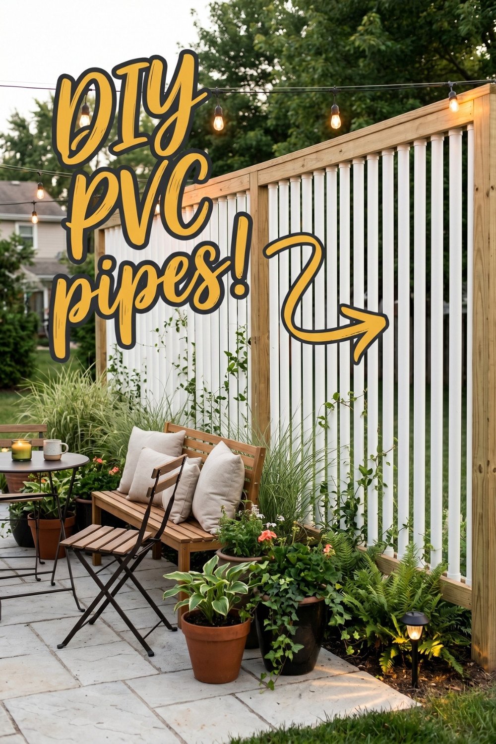 10. DIY PVC Privacy Fence Idea With White Pipes, Wood Frame, and Backyard Patio Seating