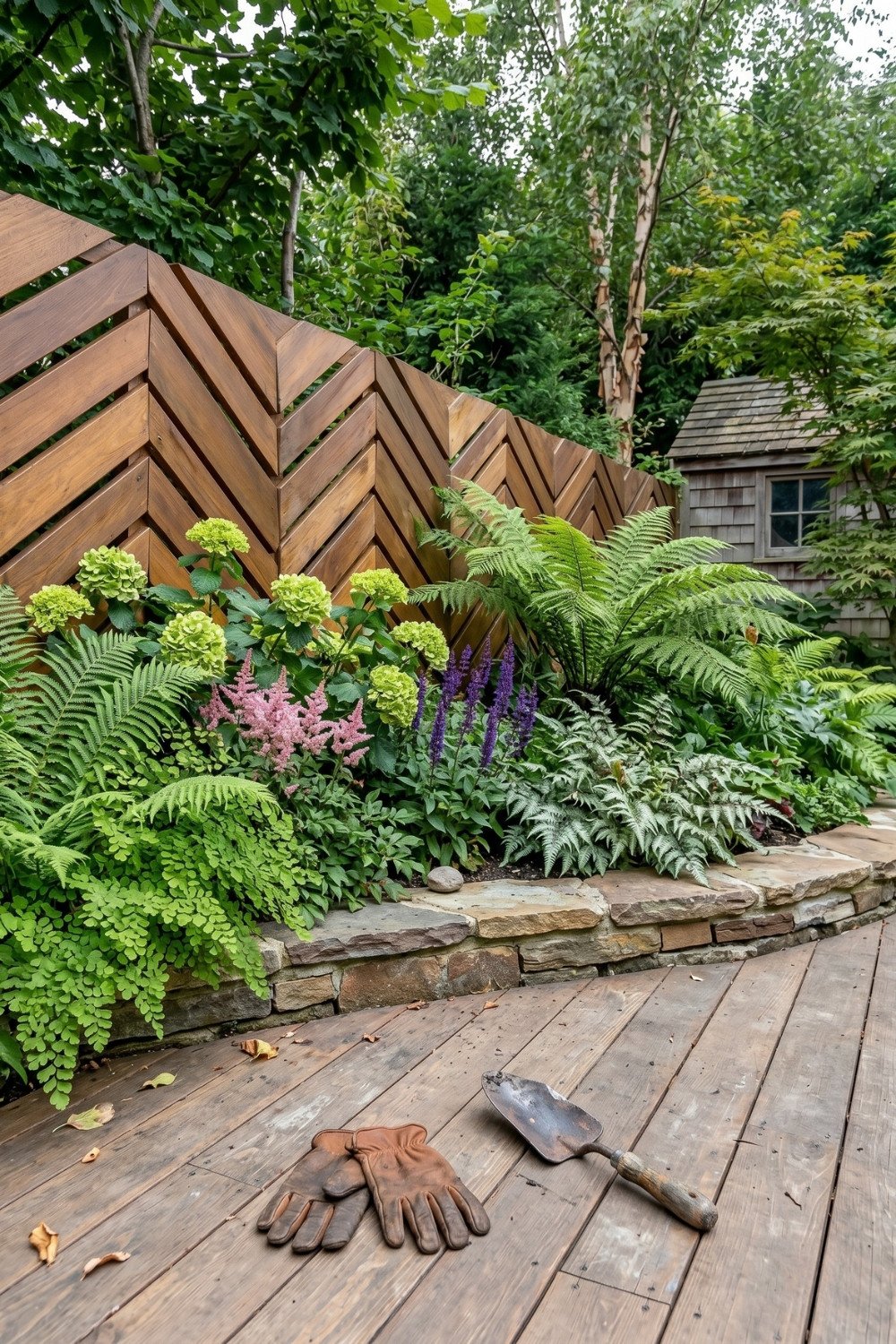 11. Chevron Wood Privacy Fence Backyard With Fern Landscaping And Raised Stone Garden Bed