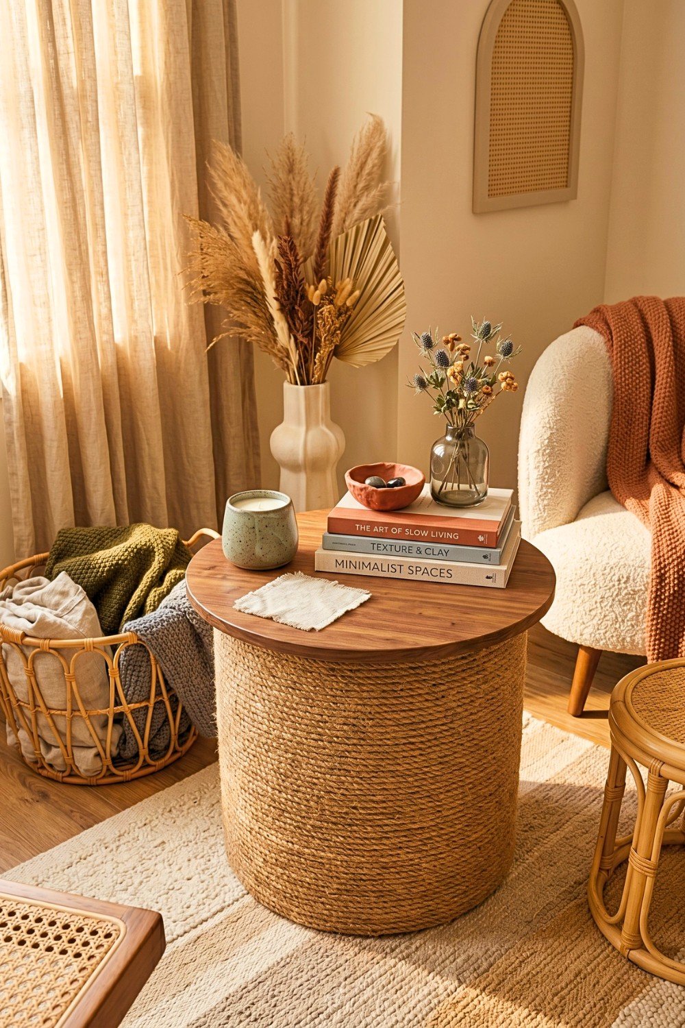 11. Jute-Wrapped Tire Side Table Adds Cozy Recycled Furniture to a Boho Home Room
