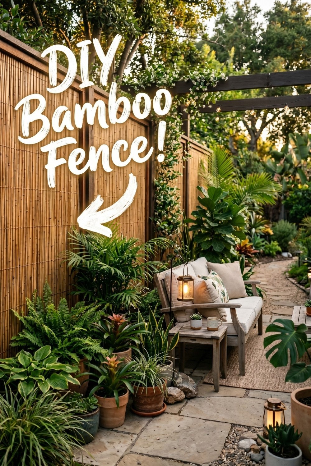 12. DIY Bamboo Privacy Fence Patio With Tropical Plants, String Lights, And Cozy Seating