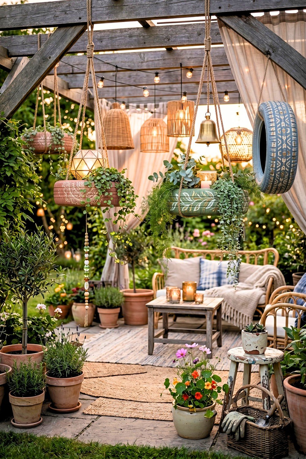 12. Hanging Tire Planters Bring Creative Outdoor Decoration to a Cozy Backyard Patio