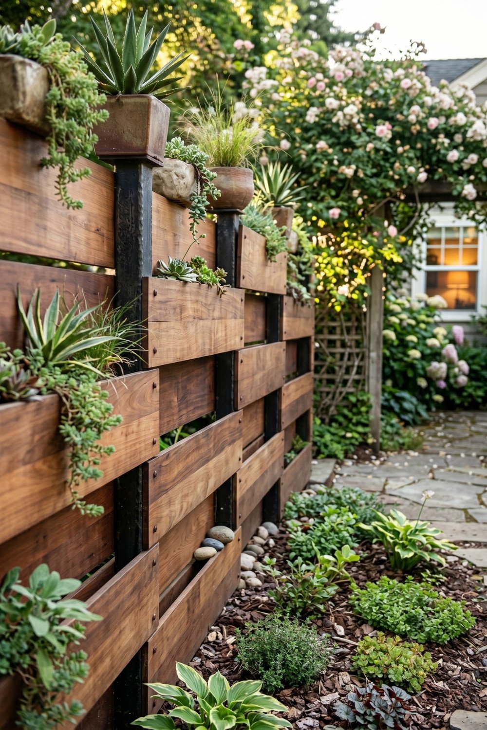 13. Horizontal Wood Privacy Fence Design With Built-In Succulent Planters Along A Garden Path