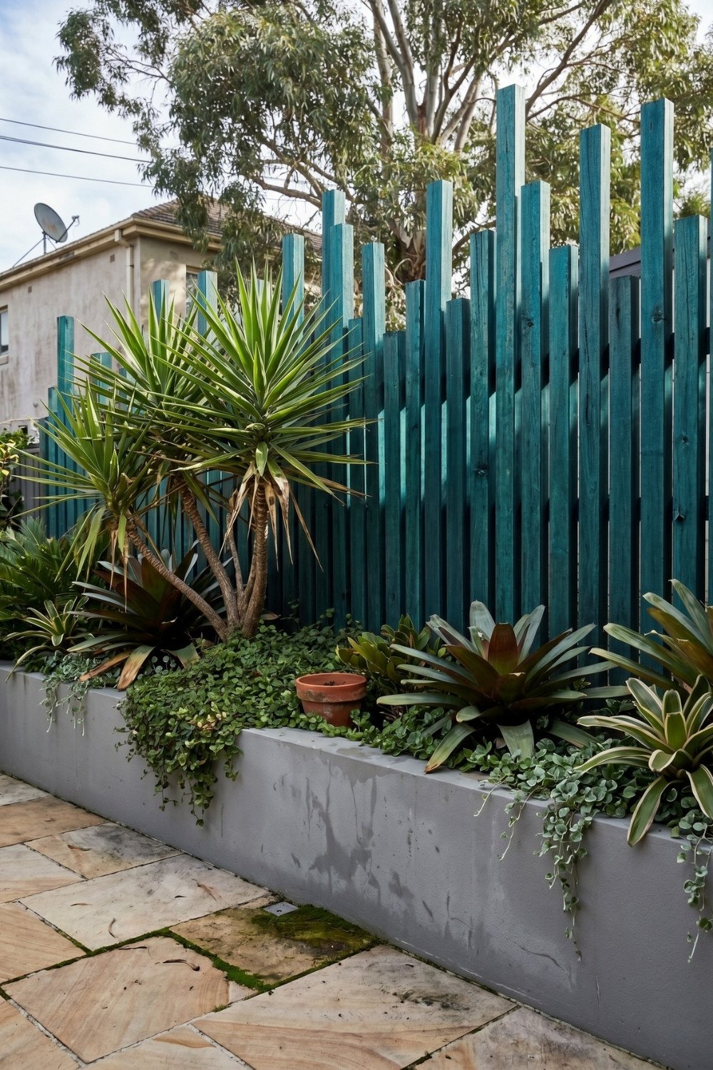 14. Blue Staggered Wood Privacy Fence Design With Tropical Plants Around A Concrete Wall