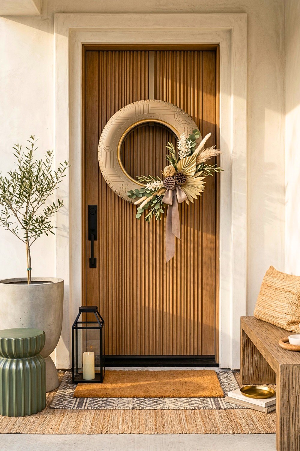 16. Decorated Tire Wreath Gives Your Front Door a Warm Welcome