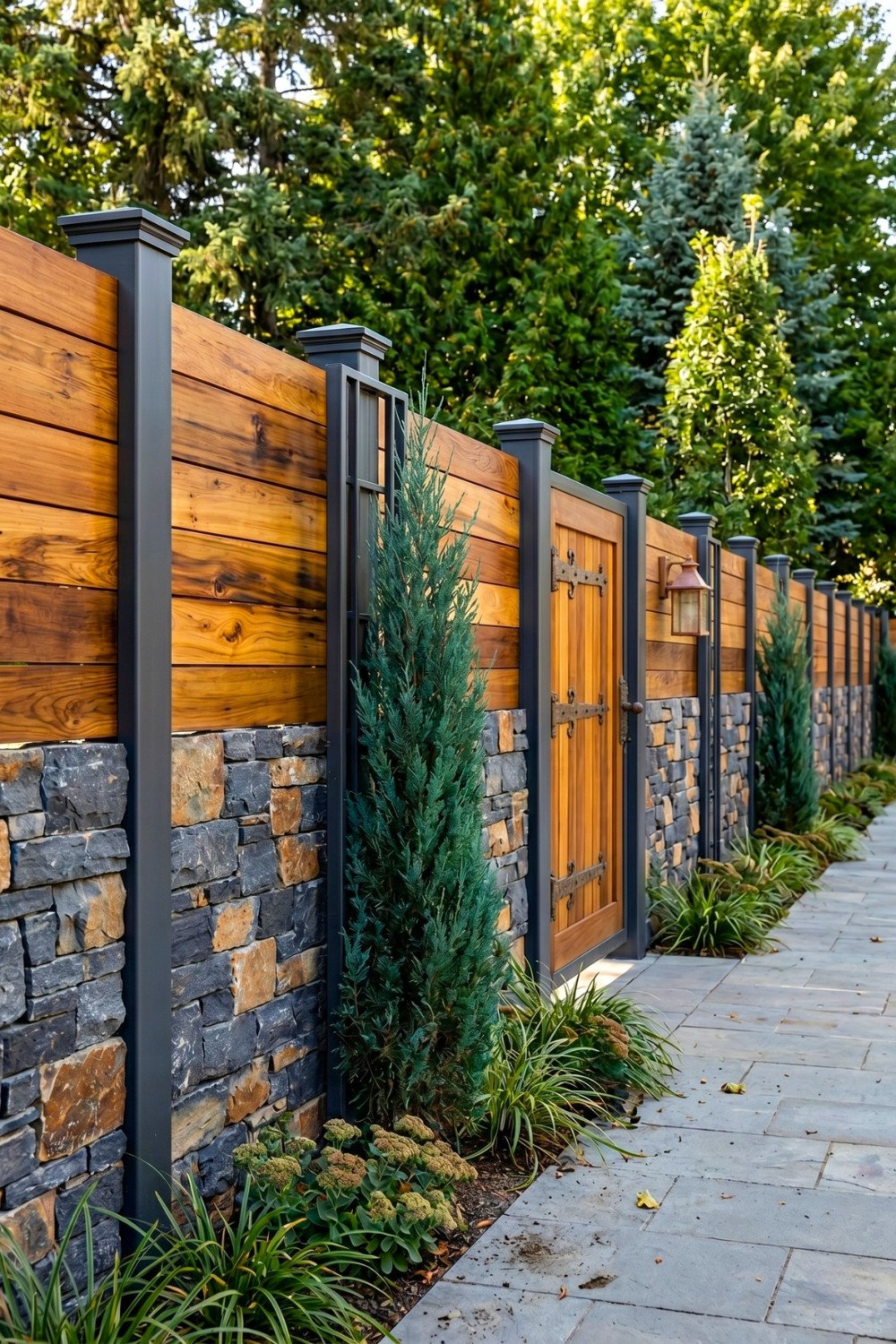 16. Wood and Stone Privacy Fence Design With Black Posts, Gate, and Front Yard Landscaping