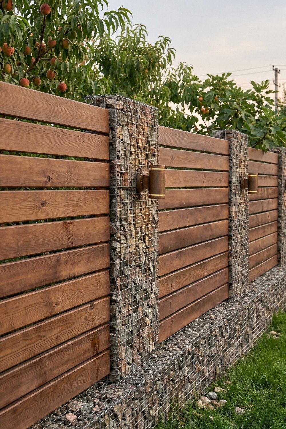 17. Gabion Stone and Horizontal Wood Privacy Fence Idea With Built-In Wall Lights