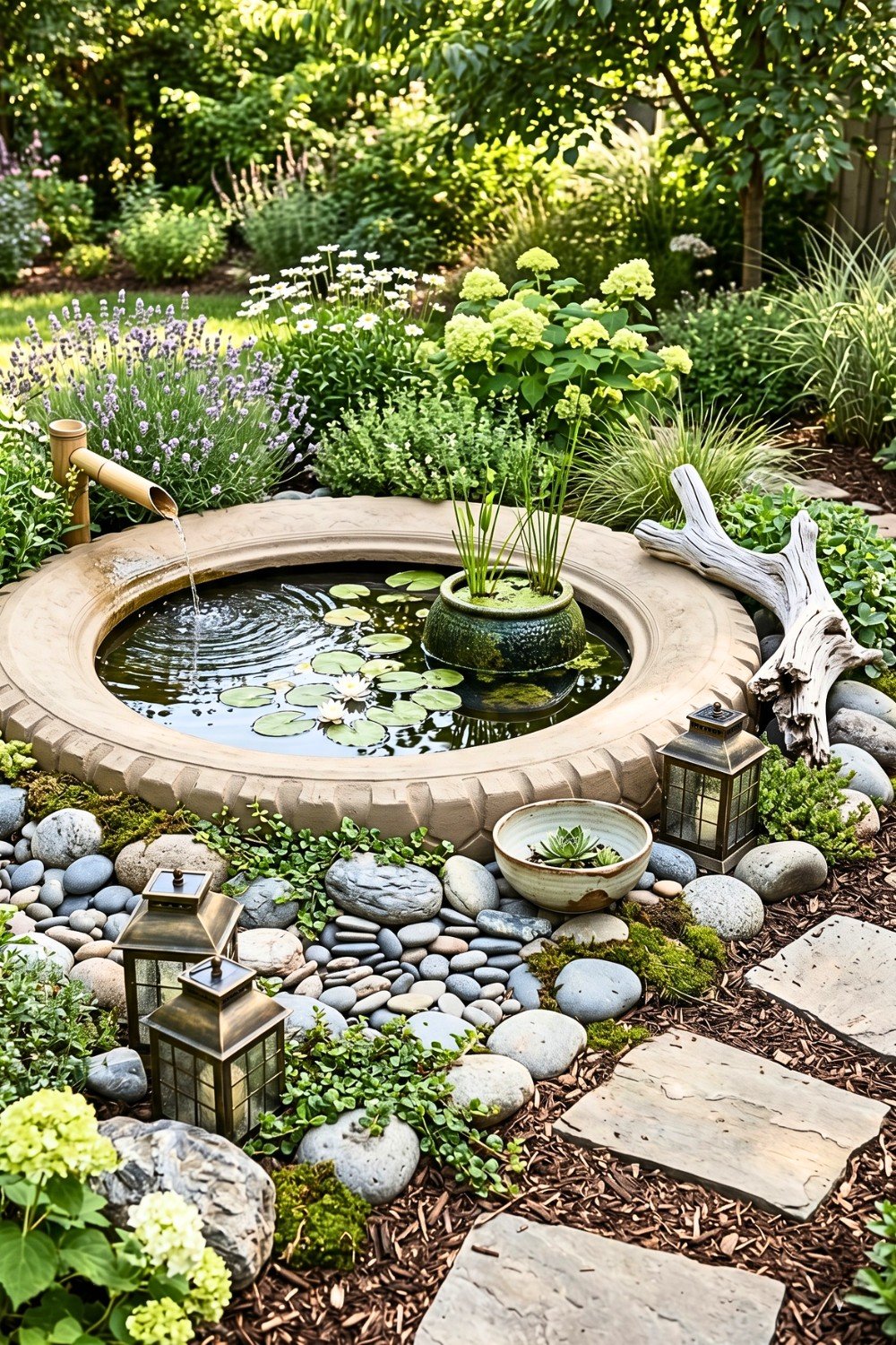 17. Recycled Tire Pond Adds a Peaceful Garden Water Feature