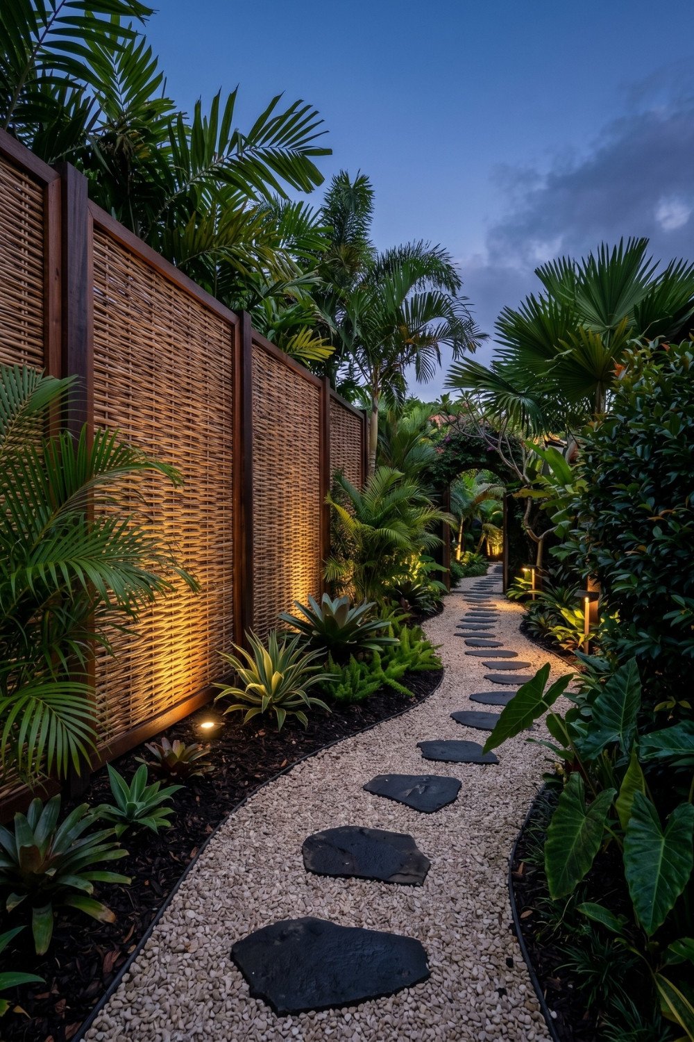 18. Tropical Bamboo Privacy Fence Backyard With Gravel Path, Stepping Stones, and Garden Lighting