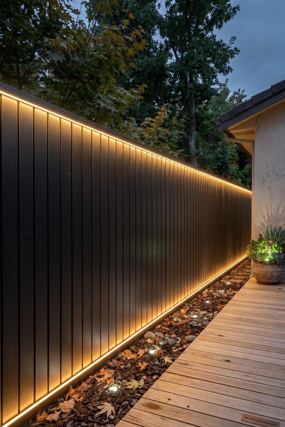 19. Black Modern Privacy Fence Design With LED Lighting Along a Backyard Deck