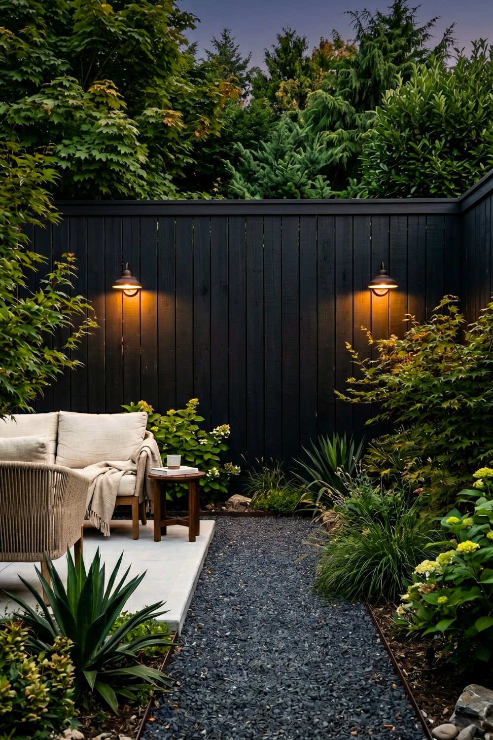 2. Black Wooden Privacy Fence Backyard Idea With Warm Wall Lighting and Lush Greenery