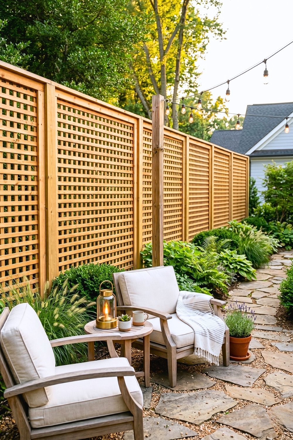 20. Lattice Privacy Fence Patio With String Lights, Garden Seating, and Backyard Landscaping