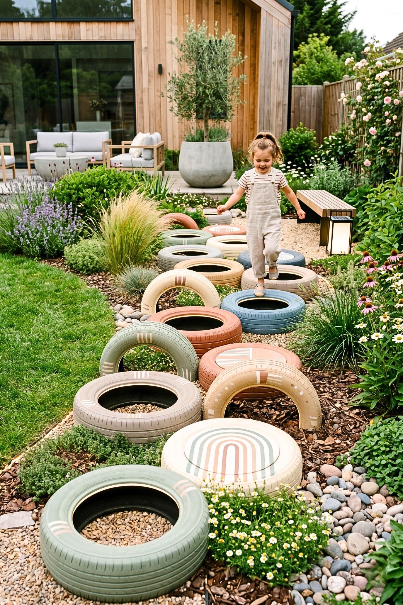 20. Tire Stepping Stone Path Creates a Fun Backyard Obstacle Course for Kids