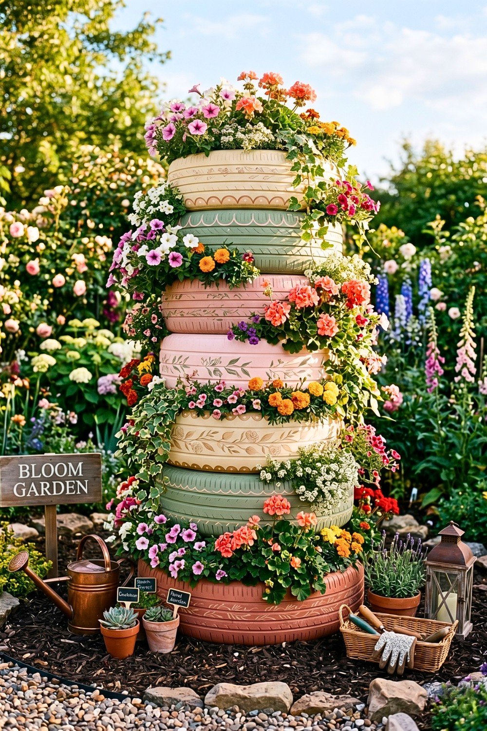 21. Stacked Tire Flower Tower Makes a Colorful Garden Statement