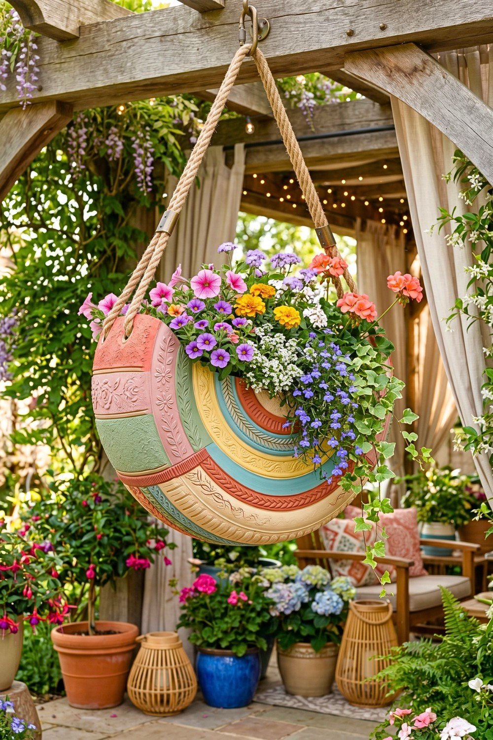 22. Hanging Tire Flower Basket Adds Cheerful Outdoor Decor to the Patio