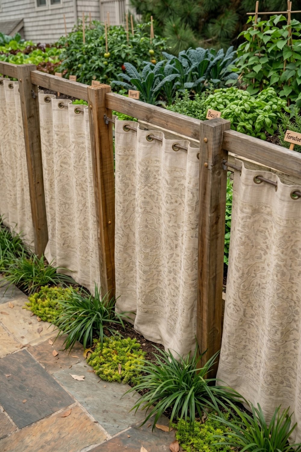 22. Removable Curtain Privacy Fence Idea With Wood Posts Around a Backyard Vegetable Garden
